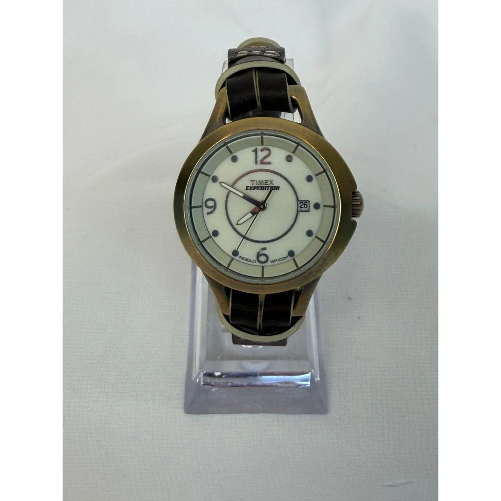 Timex Expedition Indiglo Brass Case Brown Leather Strap Watch 957 S1
